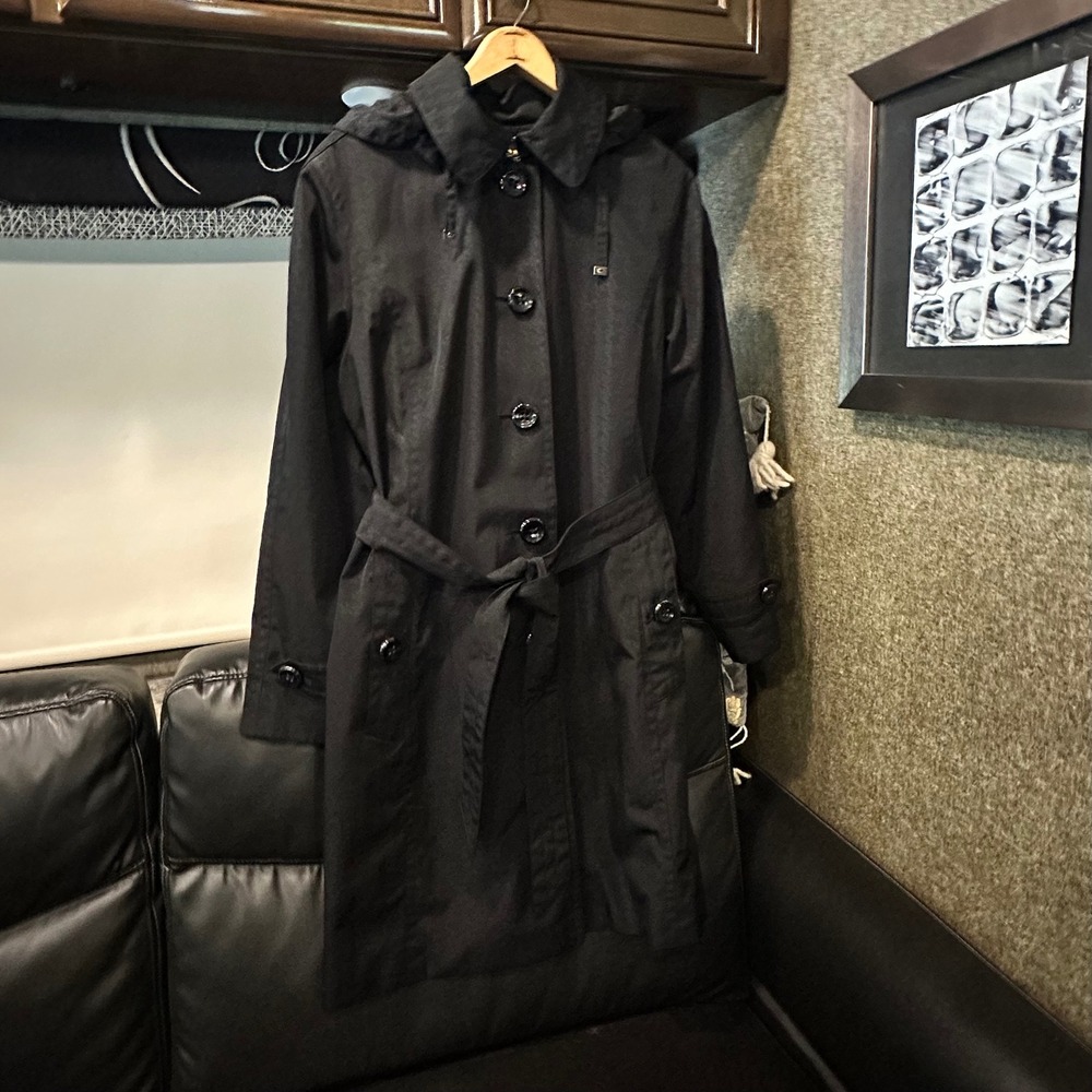 London Fog Womens Black Houndstooth Print Hooded Trench Coat Belted Jacket Large